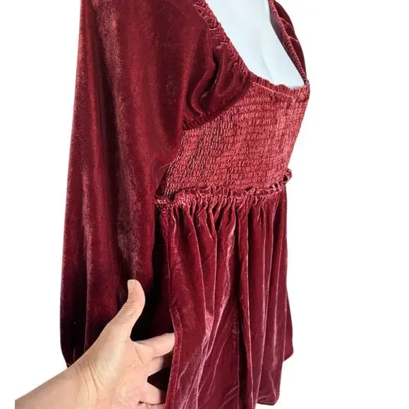 Free People Burgundy Velvet Babydoll Mini Dress w Smocked Bodice Lace Tie Back M - Picture 4 of 11